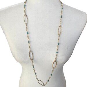 Gold Plated Barse Long Turquoise and Link Necklace Size 32”